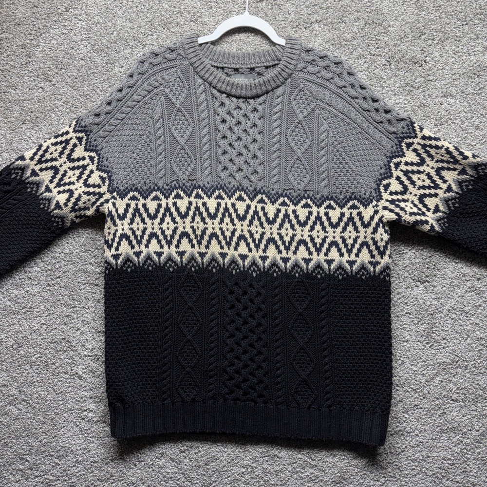 LL Bean Signature Sweater Men XL Multicolor Cable Knit Fisherman Fair Isle Aztec